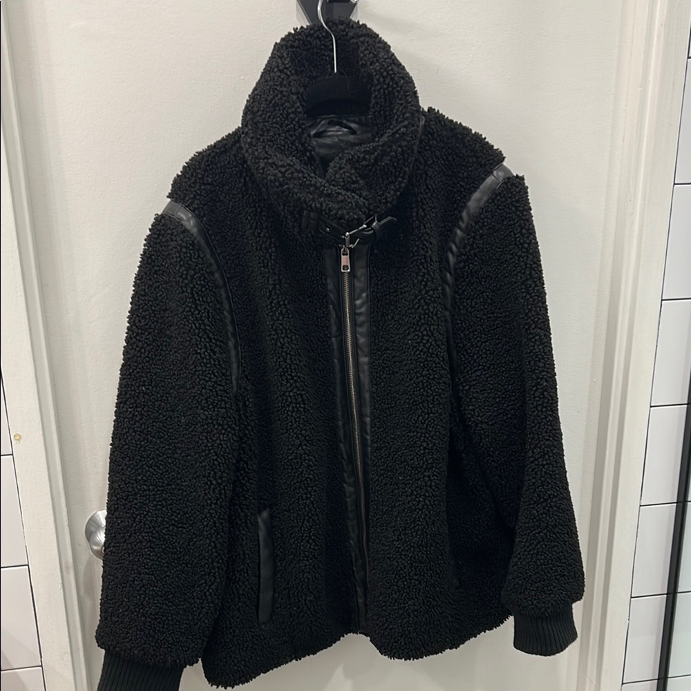 Black Sherpa Jacket with Leather Accents